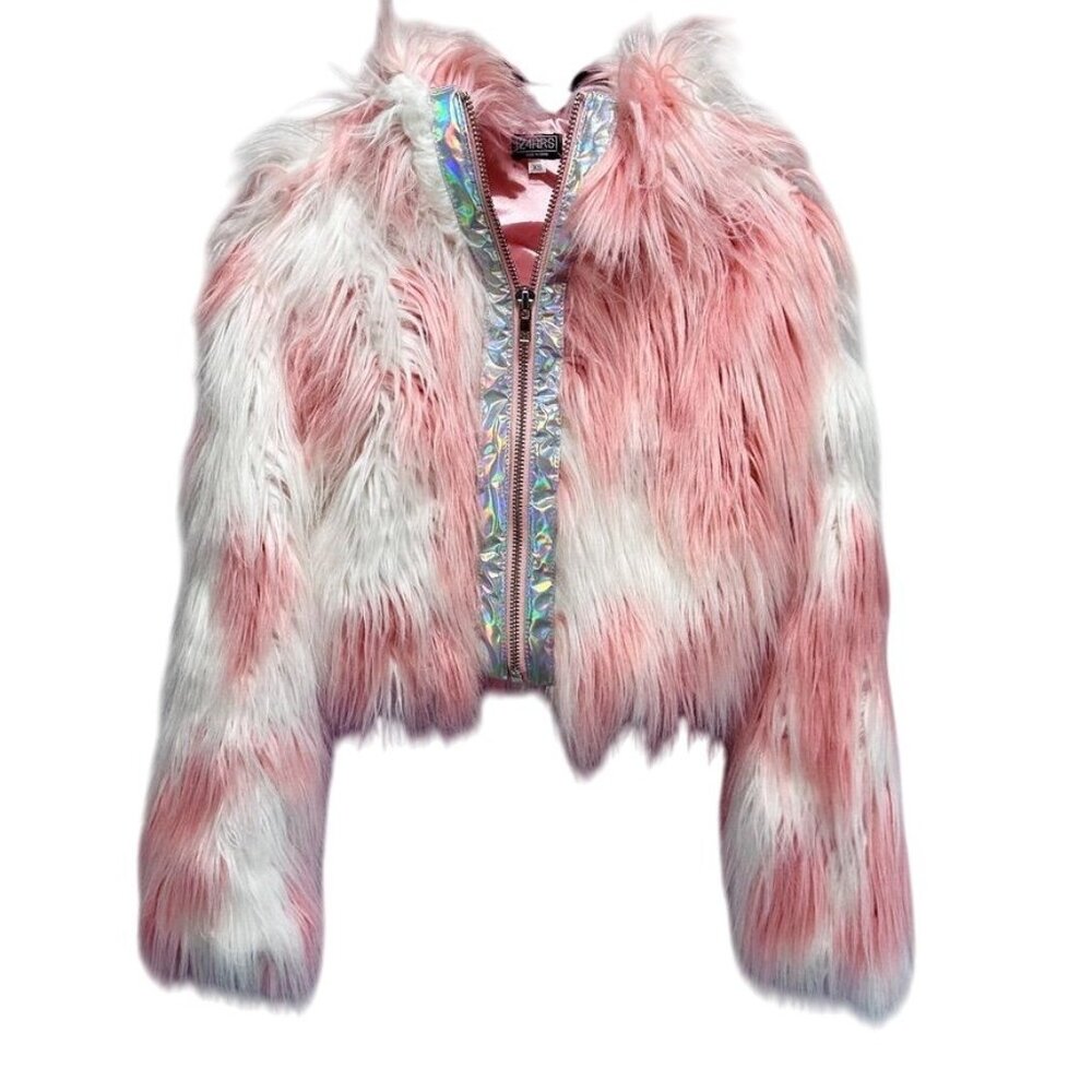 24HRS by Lip Service Plush Pink & White Faux Fur Hooded Jacket Ultra Rare XS NWT